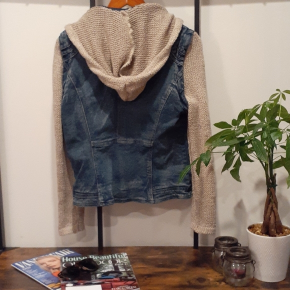 Hooded Fuzzy Denim Jacket with Knit Sleeves - Picture 3 of 3
